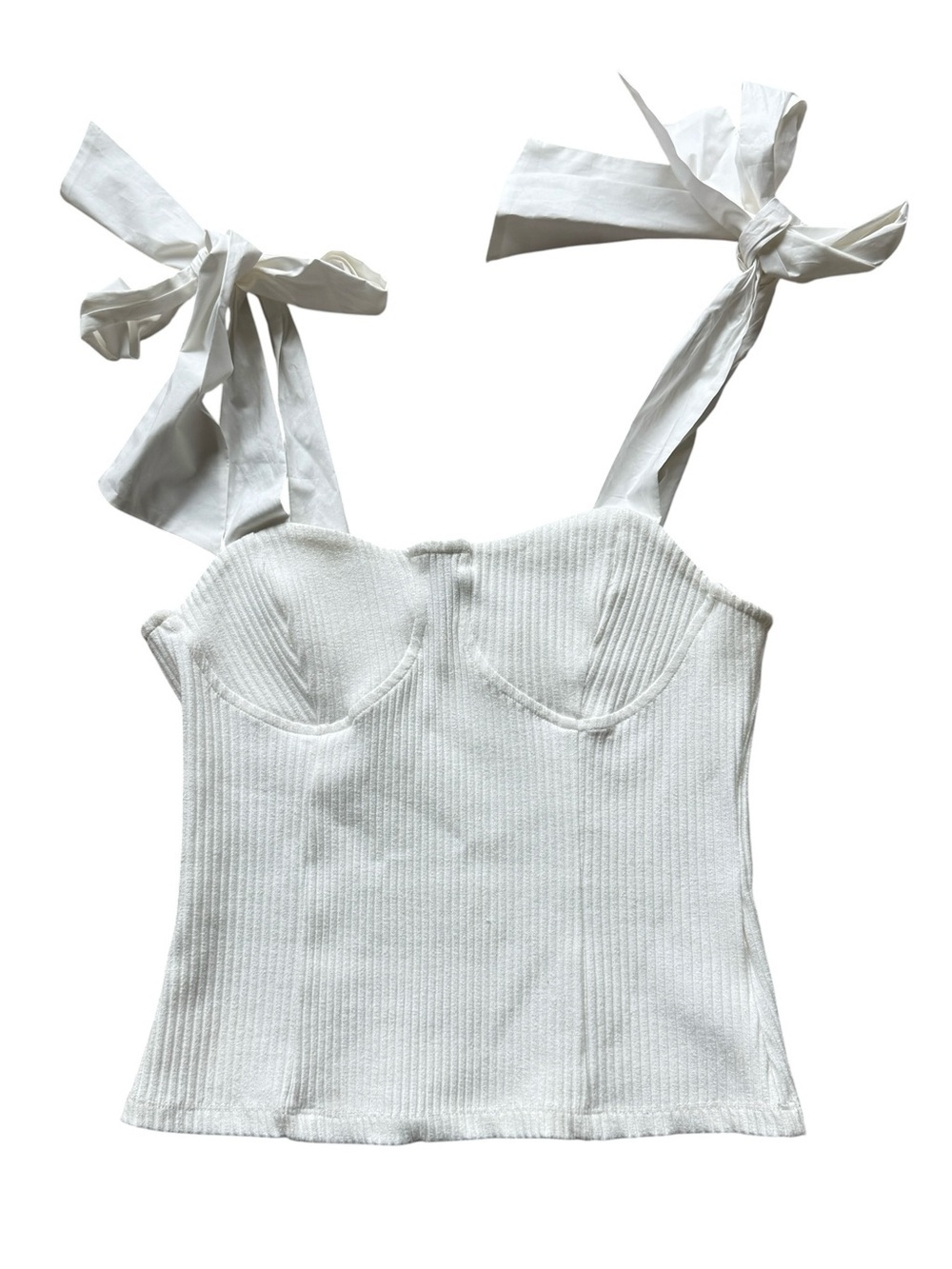 Maeve Anthropologie White Tie Strap Corset Tank Top Ribbed Cotton Bow Cami XS
